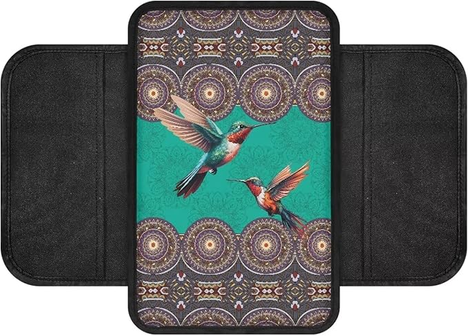 Bohemia Mandala Hummingbird Print Center Console Covers for Cars Stretchy Car Armrest Cushion Washable Automobile Armrest Covers Car Accessories Interior Protection