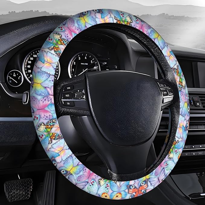 Steering Wheel Covers for Car, Truck, and SUV, Cute Non-Slip Breathable Elastic Steering Wheel, Car Accessories, Universal 15 Inch Leather Cover for Men Women Colorful Butterflies