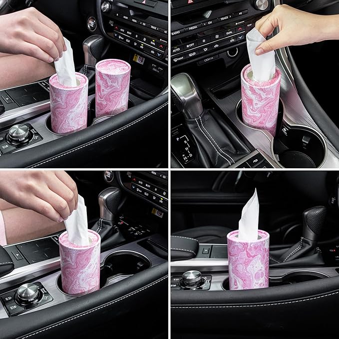 SINGARO Car Tissue Holder, 4 Pack Car Cup Holder Facial Tissues with Travel Tissue Bag, Quick and Convenient Flower Combination Car Tissue Box(4 Canisters/200 Tissues) Pink