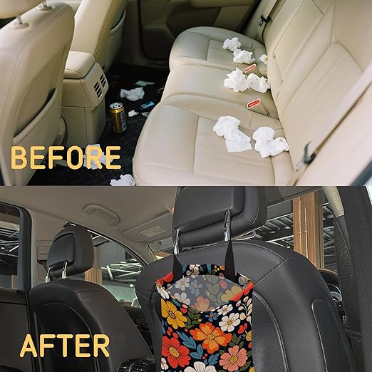 Colorful Flowers Car Trash Bag, Hanging Drawstring Car Garbage Bag,Canvas Car Back Seat Organizer with Adjustable Buckle for Men and Women