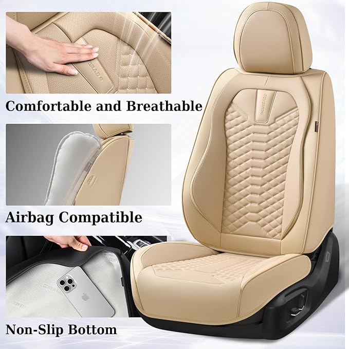 Coverado Car Seat Covers Full Set, Waterproof Nappa Leather Seat Covers for Cars, Universal 5 Seats Car Seat Covers, Front and Back Car Seat Protector, Auto Seat Covers Fit for Most Cars, Beige