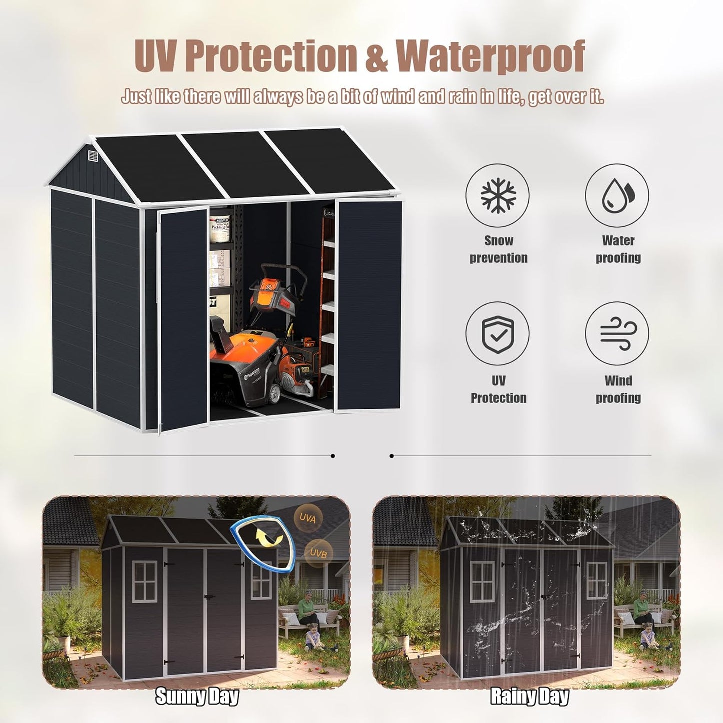 8x7 FT Outdoor Storage Resin Shed with Floor,Waterproof Plastic Garden Bike Shed with Lockable Door, Sloped Roof, Vents & Windows, Easy Assembly Tool Shed for Lawn, Backyard, Patio, Black