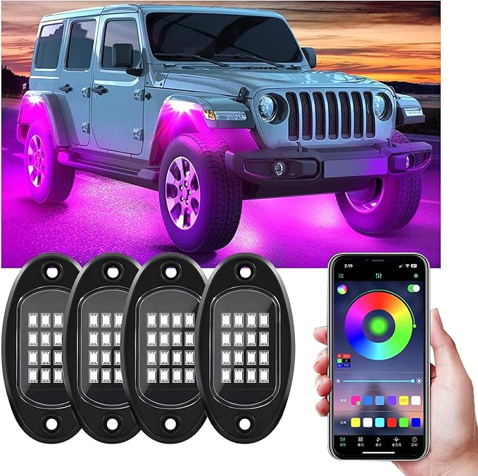 Ohleats Rock Lights for Car, Multi Color RGB LED Rock Lights Kit with APP Control & Music Mode, Waterproof Underglow Rock Neon Light for Pickup Truck SUV, Car Accessories (4 Pods)
