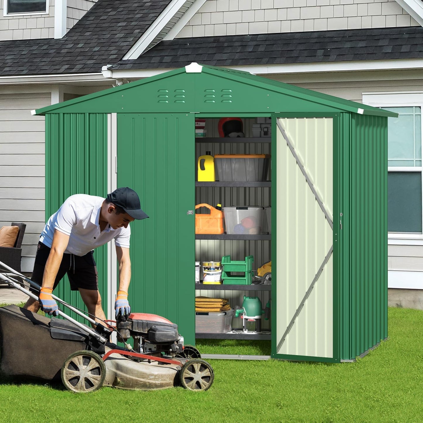 Gizoon Outdoor Storage Shed 8 x 6 FT, Galvanized Metal Garden Shed with Double Lockable Doors, Outdoor Storage Clearance for Backyard Patio Lawn-Green