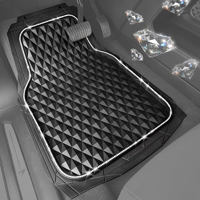 CAR PASS Bling Diamond Rubber Car Mats, Heavy Duty Deep Dish All-Weather Floor Mat Full Set Anti-Slip 3D Rhombus Waterproof Trim Fit Liner Universal Glitter Sparkly Shining Rhinestone, White Diamond