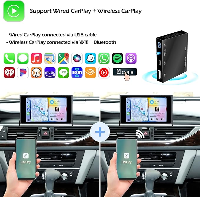 Wireless CarPlay + Android Auto + Mirroring Retrofit Decoder Box Kit, USB Stick Playback, Compatible with Audi A6 A7 C7 from 2016-2018 with MIB Version