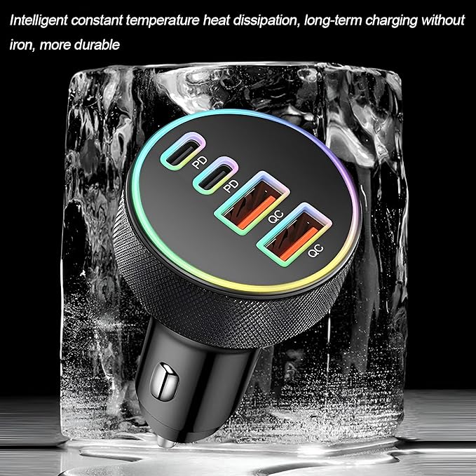 4 in 1 USB C Car Charger, 4-Port 90W PD QC Dual USB C & USB A Vehicle Fast Charging Cigarette Lighter Adapter, Multiport Auto Phone Charge Adapter, Fits 16 15 14 Pro Max Tablet (Black)