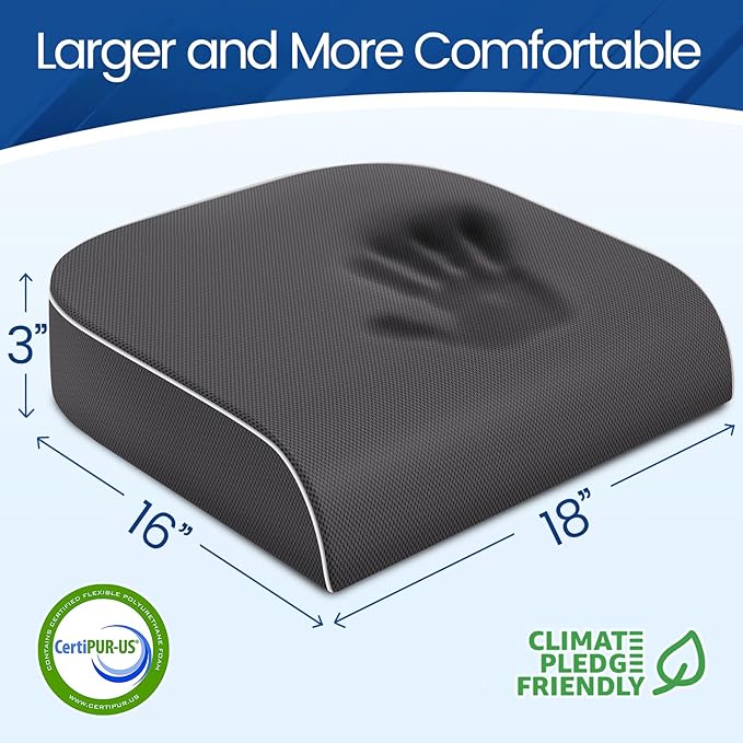 Seat Cushion for Tailbone Pain Relief, Office Chair Cushion, Memory Foam Large Chair Cushion with Non-Slip Cover for Soft Support at Office Chair, Car Seat, Airplane Grey/Large