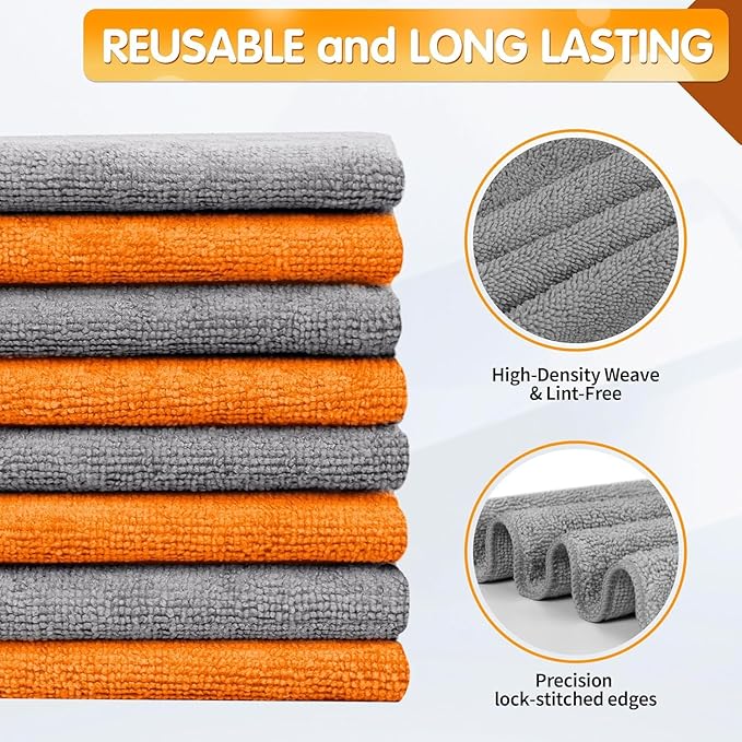 FIXSMITH Microfiber Cleaning Cloth -Pack of 24, Highly Absorbent Cleaning Rags(Grey&Orange), 16"X12" All Purpose Cleaning Towels for Housekeeping, Kitchen, Car, Reusable Microfiber Towels