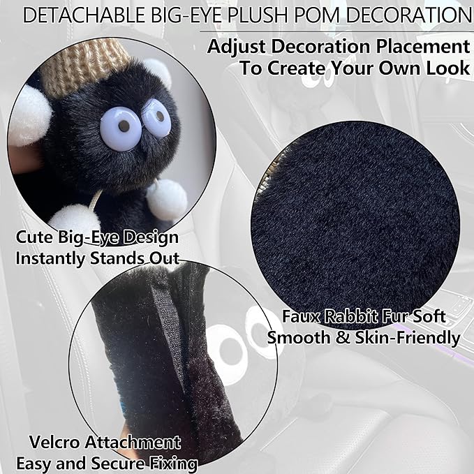 Car Headrest Pillow & Steering Wheel Cover Set with Cute Big-Eyed Furball Travel Neck Support Pillow Fur Car Interior Accessory (Black 5Pcs Set)