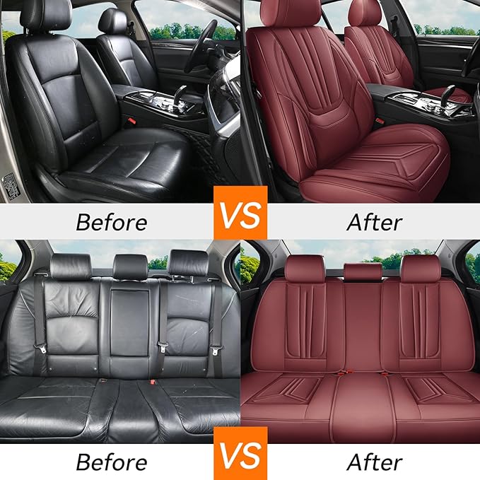 Car Seat Covers, Premium Leather Car Seat Covers, Waterproof and Breathable Seat Covers, Universal Car Seat Protector Fit for Cars, Trucks, SUVs, Pick-ups (Wine Red, FullSet)