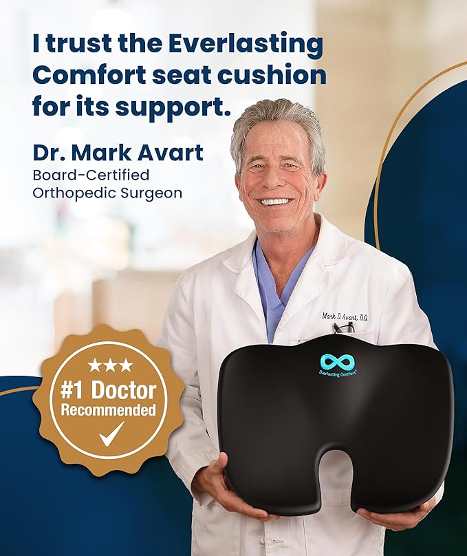 Everlasting Comfort Doctor Recommended Memory Foam Seat Cushion for Office Chairs & Car - Ergonomic Office Desk Accessories - Cushions for Tailbone Pain Relief, Sciatica (Black Airflow, Large)