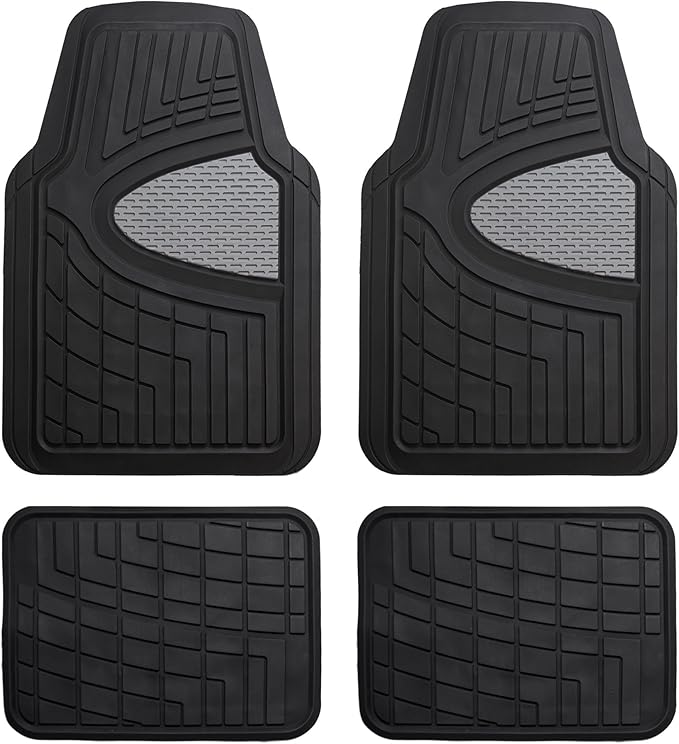 FH GROUP Car Seat Covers Premium Tall Channel Rubber Trimmable Floor Mats w. FH3001 Snake Pattern Silicone Steering Wheel Cover- Universal Fit for Trucks, SUVs, and Vans (Gray/Black) F11311