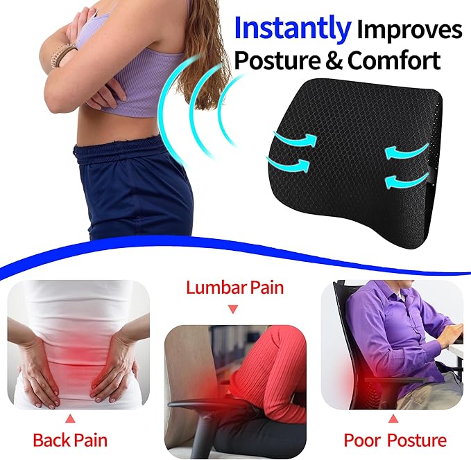 Lumbar Support Pillow for Car & Office Chair - High-Density Memory Foam for Sciatica & Lower Back Pain Relief - Non-Slip Back Support Cushion for Long Commutes & Desk Workers (3D Mesh Black)