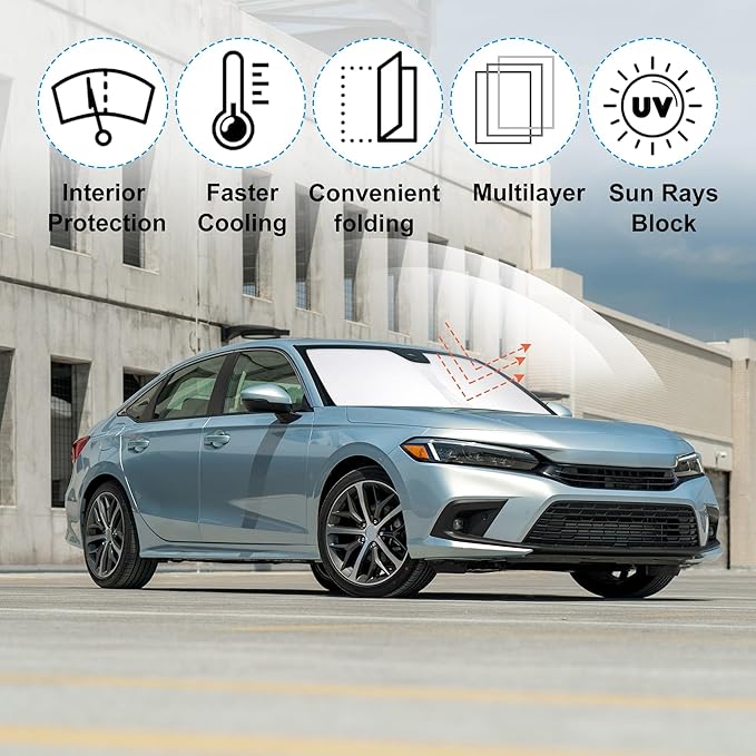 Windshield Sun Shade Custom Fit for 2022 2023 2024 2025 2026 Honda Civic 11th Gen Accessories Foldable Sunshade Sun Blocker Protect Car from Sun Rays & Heat Damage Keep Car Cooler