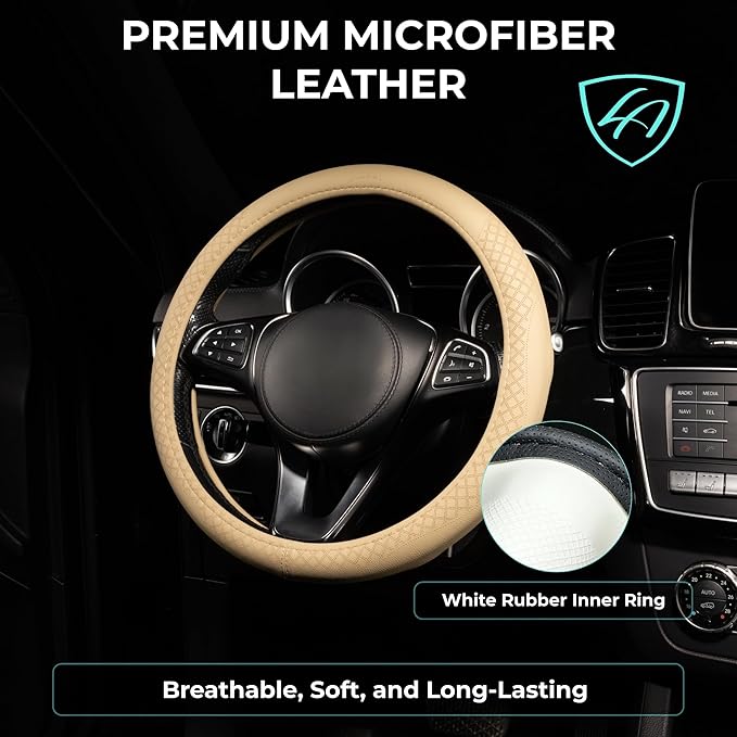 Lord Autofashion Steering Wheel Cover – PU Leather, Non-Slip Rubber Inner, All-Season Comfort – 14.5–15 Inch (Beige 9283)