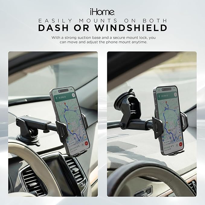 iHome Car Mount, Dashboard/Windshield/Vent Mount, Swivel Neck, Silicone Grip, Adjustable Mount Arm with Suction Cup Base (Extendable Car Mount)