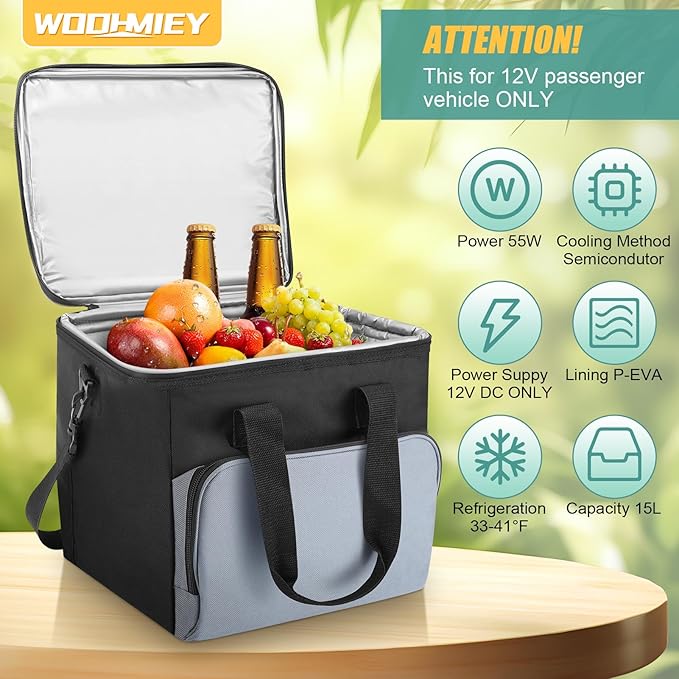 15L Portable Electric Cooler Bag,Car Cooler Watertight Liner Bag, Soft Sided Thermoelectric Travel Cooler with Shoulder Strap, Storage Pocket & DC 12V Plug in for