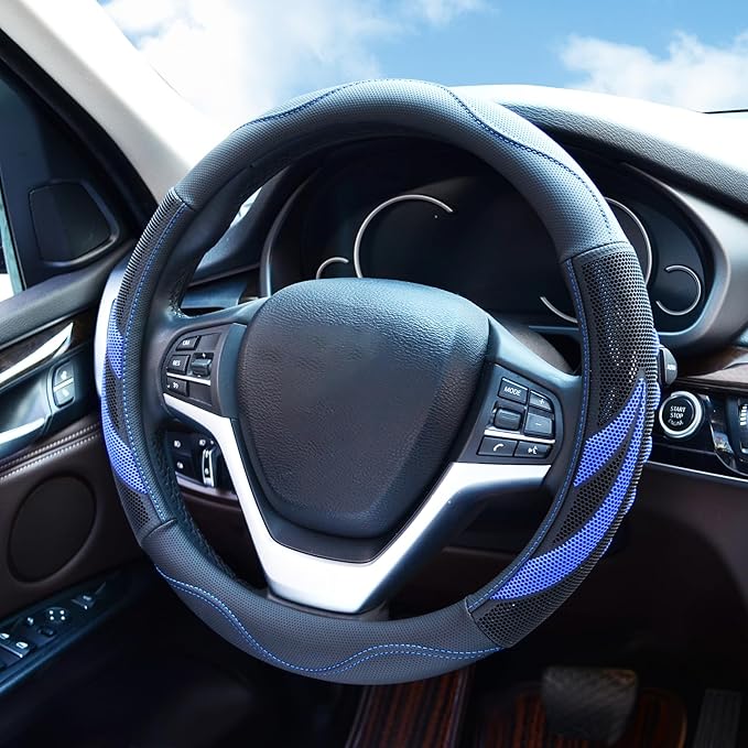 Alusbell Microfiber Leather Steering Wheel Cover Breathable Auto Car Steering Wheel Cover for Men and Women Universal 15 Inches (Blue)