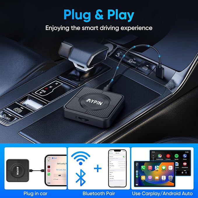 Upgraded Wireless CarPlay Adapter, 3-in-1 Wireless Carplay & Android Auto& Video Adapter, Built in Netflix YouTube Support TF Card, Plug & Play, USB Type C, USB Type A Compatible with iPhone & Android