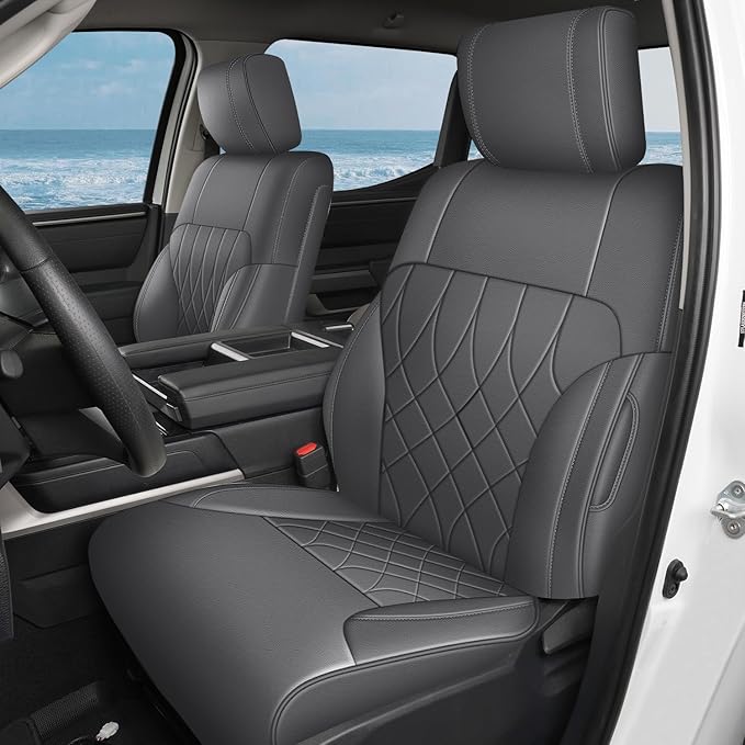 AOMSAZTO Custom Fit for 2022-2024 2025 Toyota Tundra Car Seat Covers CrewMax&Double Cab,Full Set Faux Leather for Toyota Tundra Truck Pickup Seat Covers Darkgrey