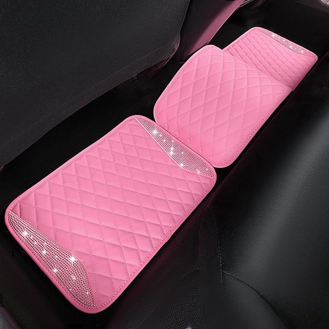 CAR PASS Bling Leather Car Mats Shining Diamond Floor Mats Crystal Rhinestones Sparkly Glitter Carpet Anti-Slip Waterproof Pad Universal Fit for Automotive SUV, Sedan, Van, 5pcs for Girl Women Pink