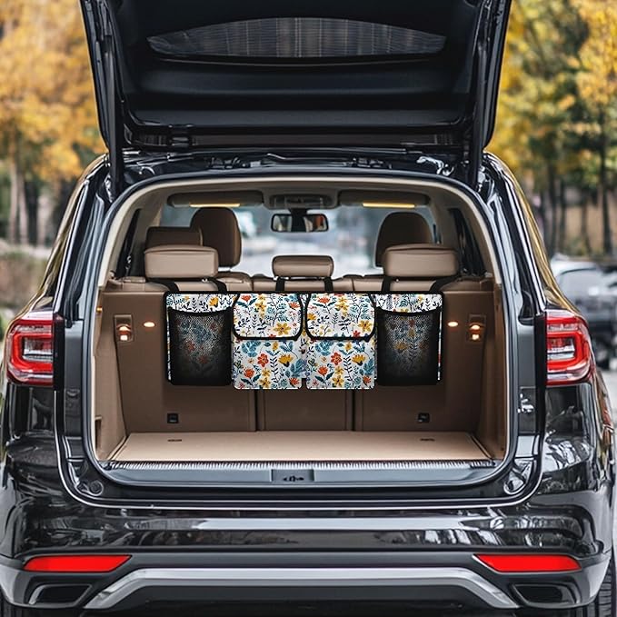 Car Trunk Organizer for SUV, Truck, Sedans, Vans, Oxford Cloth, Equipped with Robust Elastic Net, Flower Leaf Hanging Car Storage Organizer with Lids, Space Saving Expert