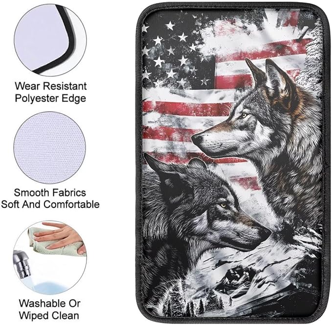 American Flag Wolf Car Armrest Cover Protector Dustproof Auto Center Console Cover Pad Universal Cars Armrest Seat Box Covers Cushion USA Flag Wolf Car Accessories Decor