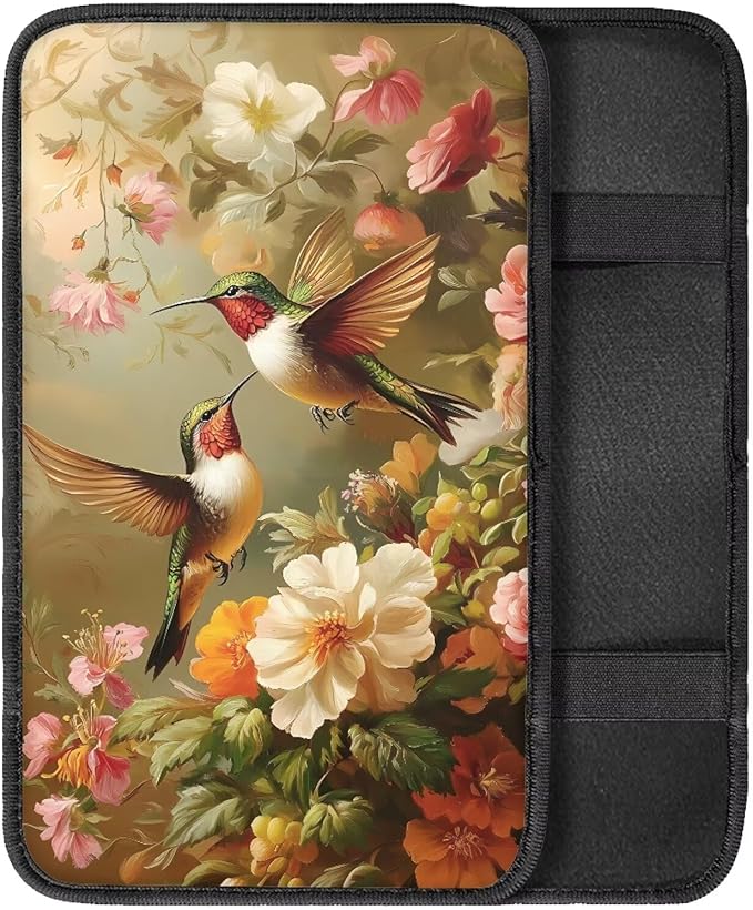 Colorful Flower Hummingbirds Thin Car Armrest Pads Auto Armrest Box Cover Comfortable Middle Storage Organizer Pad Universal Style Car Accessories Decor