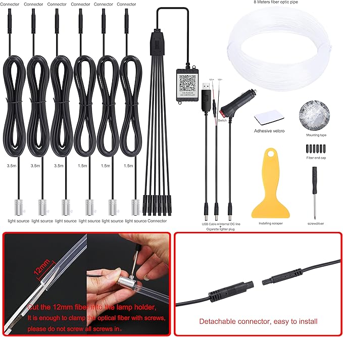 Car Ambient Lighting Optic Fiber 64 Colors Music Sound Active with APP Control Car Decorative Atmosphere Lighting Kit DC 12V 1W 8m