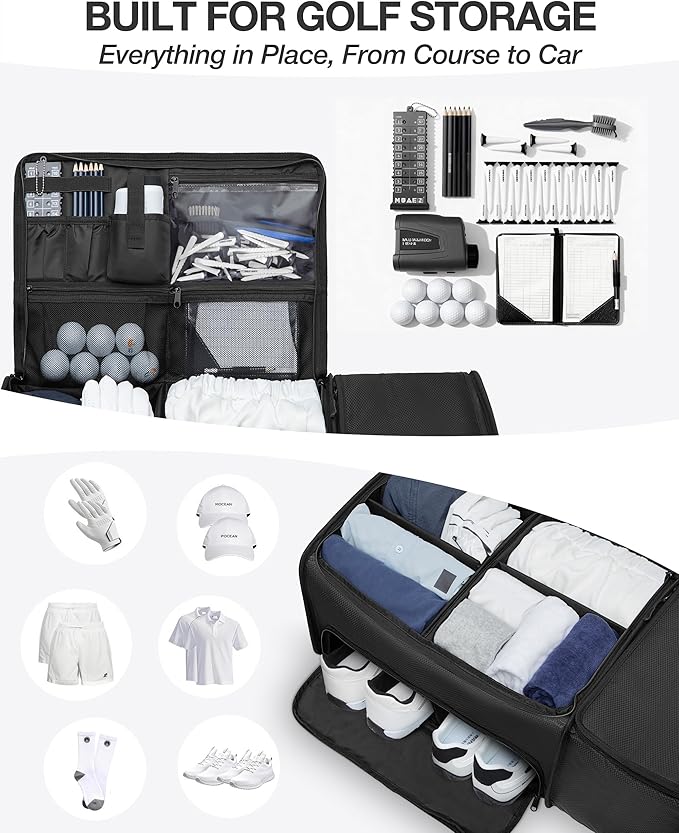 Marscamd Golf Organizer for Car Trunk with Cooler, Anti-Sag Design, Ventilated Shoe Compartment, 2-Layer Storage Bag for Golf Accessories, Fits SUVs & Sedans - Black