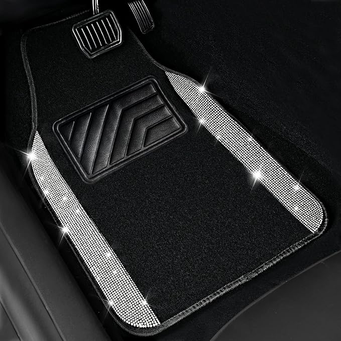 CAR PASS 3 Row Bling Diamond Car Mats Shining Carpet Rhinestones Sparkly Glitter Floor Mats Anti-Slip PVC Heel Pad Universal for Automotive SUV,Sedan,Van, 3rd Row 2 Rear for Girl Women, Black Silver