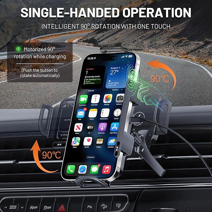 High Intelligent 2 in 1 Auto Rotating Car Charger Cell Phone/Pad Holder, One-Touch Rotatable Car Vent Mount for Smartphone/Pad/Foldable Phone (Black)
