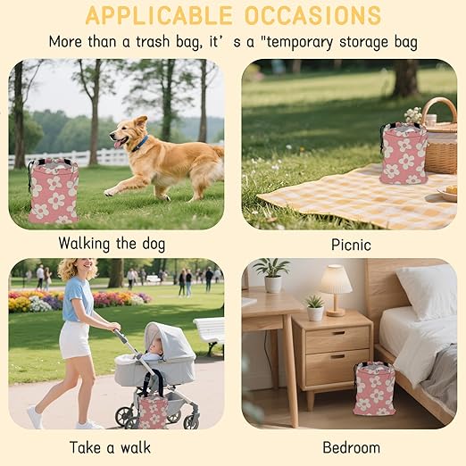 Pink Groovy Flowers Car Garbage Bag, Small Car Trash Bag Hanging,Drawstring Car Garbage Bag with Adjustable Buckle for Car Back Seat,SUVs,Camping,Road Trips