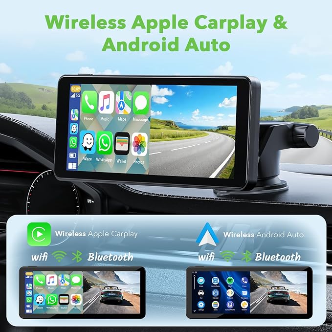 6.86" Wireless CarPlay Screen for Apple Carplay and Android Auto, Dual Dash Cam 2.5K Front 1080P Rear Recording, Voice Control, GPS Navigation, Mirror Link, Bluetooth, FM, AUX, Fits Most Cars