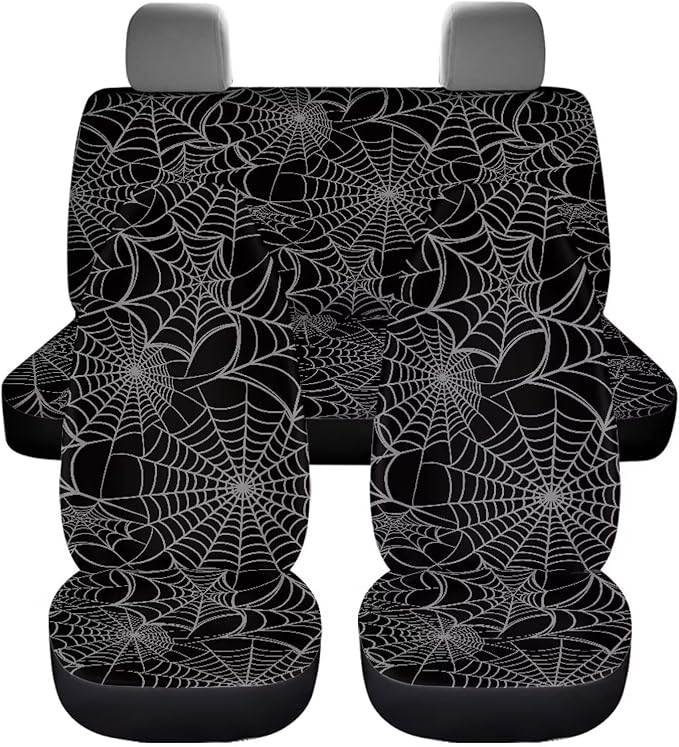 KEIAHUAN Halloween Spider Web Front and Back Car Seat Covers Front Saddle Blanket Rear Split Bench Protection Cover Fit Most Vehicle Truck,SUV (Black)
