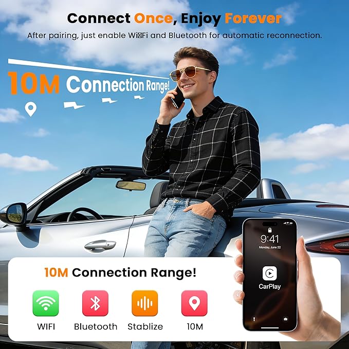 2026 Upgraded 3-in-1 Wireless CarPlay & Android Auto Adapter, Convert Wired to Wireless with USB-A/USB-C Cables, AI Box CarPlay Supports Netflix/YouTube/TF Playback for iPhone