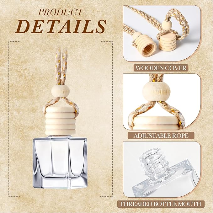 BBTO 200 Pcs Hanging Car Diffuser Bottles Bulk, Empty Clear Glass Air Freshener Bottles with Wooden Cap for Perfume Essential Oils Fragrance Aromatherapy Ornament(Cube)