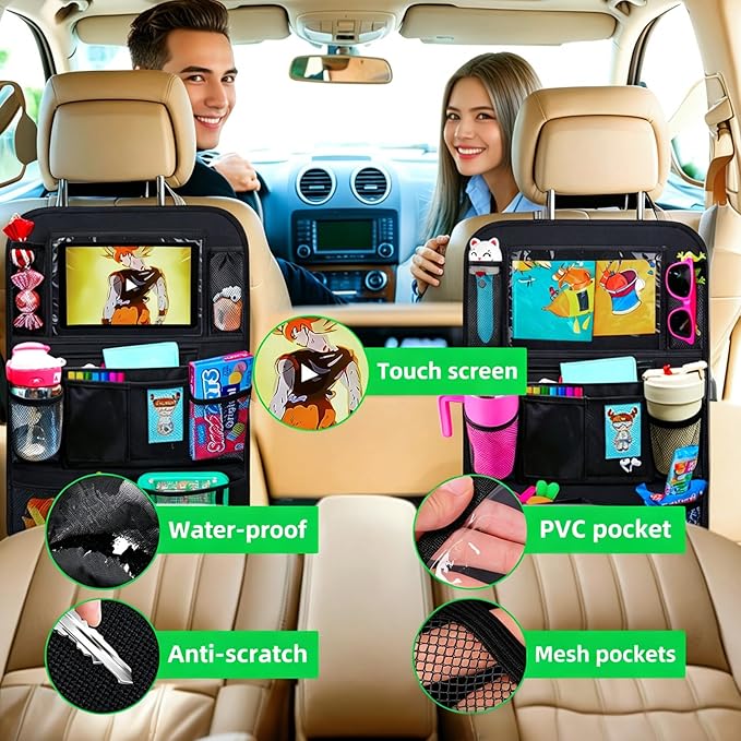 Car Organizer Kick Mats Back Seat Protector, Car Back Seat Organizer with Tablet Holder Pocket for Kids, Travel Accessories with 10 Storage Pockets, 2 Pack