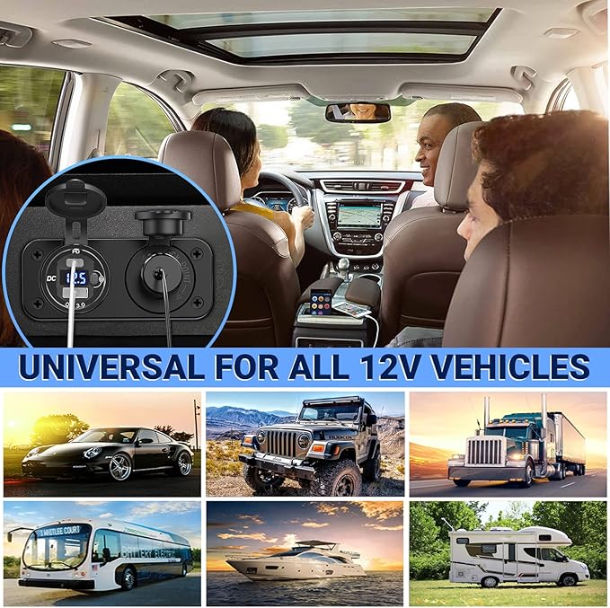 Cigarette Lighter Socket 12 Volt USB Outlet: PD 20W C and QC3.0 Car Port Aluminum Metal 12V Plug, 150W Charger Panel with Power Switch LED Voltmeter for Marine Boat RV Golf Cart