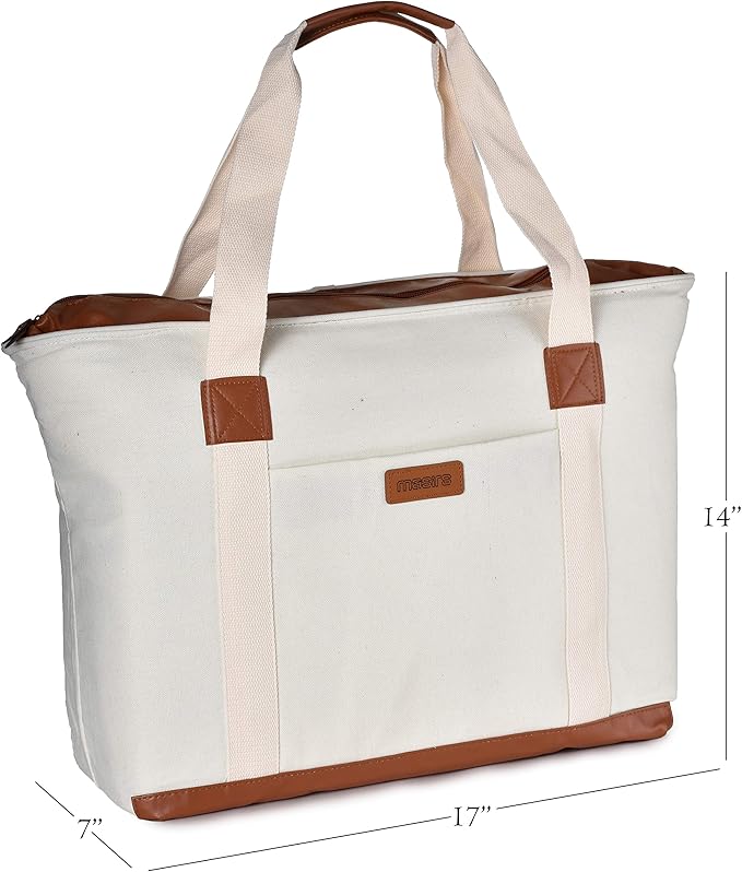 Insulated Grocery Bag with Zippered Top - Thermal Reusable Canvas Shopping Tote for Groceries - Travel Picnic Leakproof Cooler Bags Keep Foods Cold or Hot for Hours - Sturdy Zipper Closure & Pocket