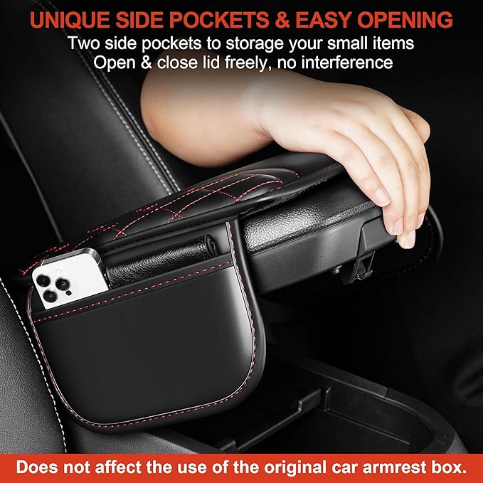 Center Console Cover Fit for Kia Sportage 2005-2025 with 2 Storage Bags Waterproof Leather Quilted Pattern Car Armrest Cover Cushion Anti - Slip(002#Black&Red Line)