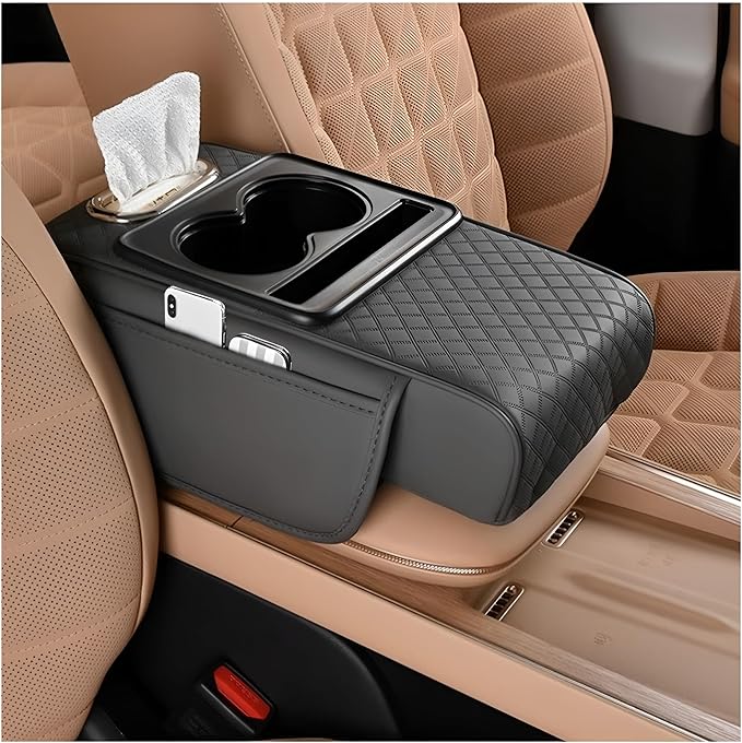 Zpana Car Center Console Armrest Pillow, Memory Foam Leather 4 in 1 Vehicle Arm Rest Cover with Tissue Box 2 Side Storage Bag Cup & Phone Holder, Auto Armrest Cushion, Universal Fit (Gray)