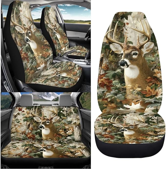 KEIAHUAN Camo Hunting Deer Car Front Back Seat Covers Front Bucket Seat Cover & Rear Bench Seat Protector Anti-Slip High Back Automotive Seat Covers Fit Most Vehicle Truck,SUV