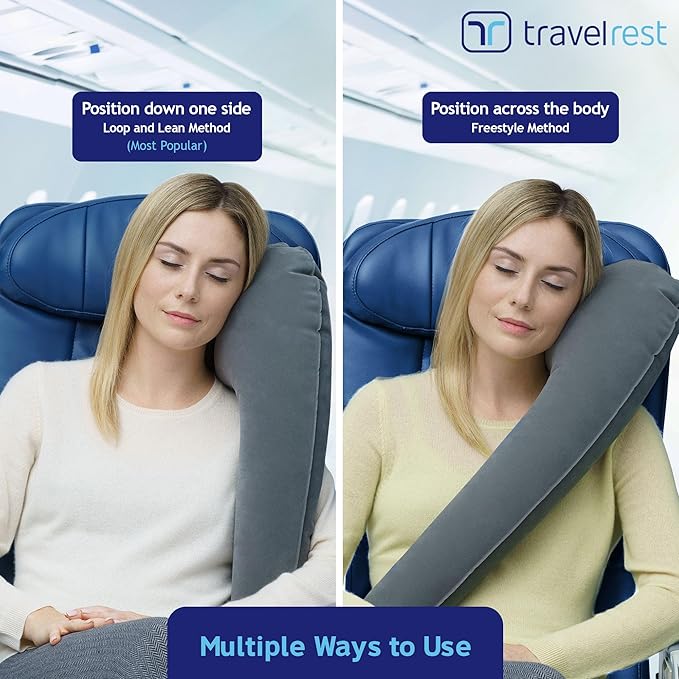 TRAVELREST Ultimate Inflatable Neck Support & Body Pillow - Airplane Pillow for Long Flight Comfort, Travel Essentials, Sleeping Accessories, Headrest Support Seat for Car (Grey)