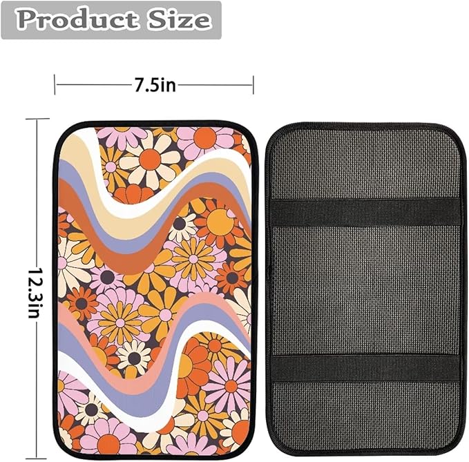 UNICEU Cute Daisy Flower Twirl Print Car Center Console Armrest Cushion Cover Auto Accessories for Women Neoprene Car Armrest Box Protector Pad