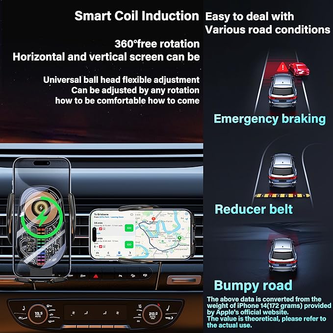 15W Car Phone Holder Wireless Charger - Auto Sensing Clamping 3-Axis Adjustable 360° Rotation Fast Charging Phone Holders for Your Car Vent Clip Slim Design with Unisex for iPhone Android Samsung