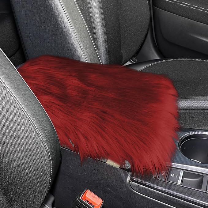 wuyaoyao Furry Car Armrest Cover, 12.1"×6.4" Soft Plush Car Center Console Cover, Winter Warm Fluffy Arm Rest Cover for Car, Auto Armrest Box Cover Protector, Universal Middle Console Pad (Wine Red)