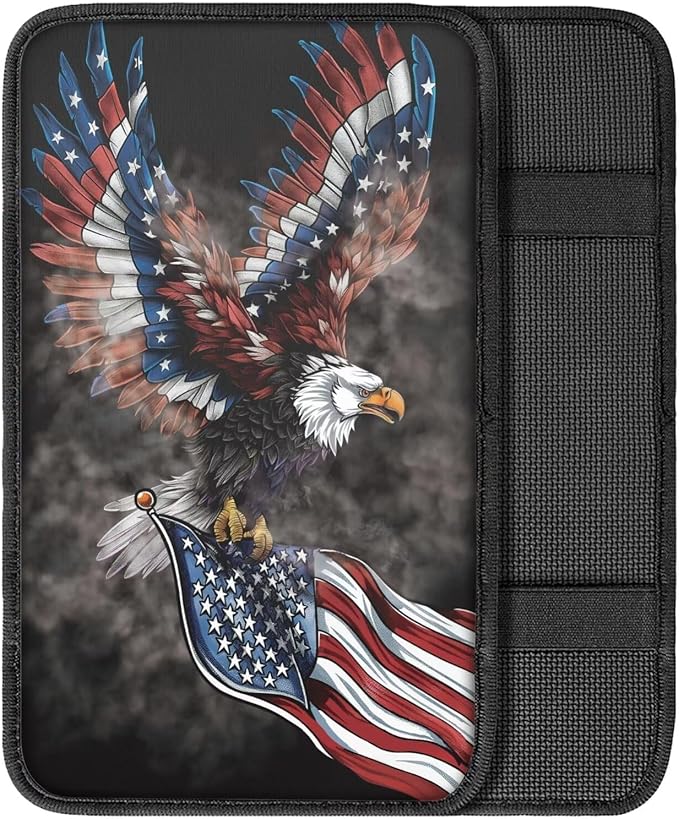American Flag Center Console Cover American Eagle Armrest Cover Cushion Soft Waterproof Armrest Seat Box Cover Protector for Most Vehicle SUV Truck Car