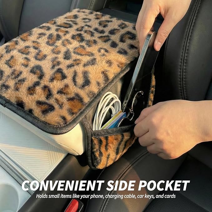 Plush Leopard Print Car Center Console Cover with Side Pockets, Fluffy Armrest Cushion Pad,Soft Cheetah Car Interior Decorations Accessories with Storage for Women,Universal Fit for Vehicles SUV Truck